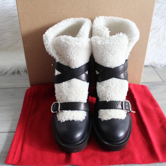 Christian Louboutin Black Cream Pole Chic 70mm Shearling Heeled Ankle Boot - Picture 4 of 12